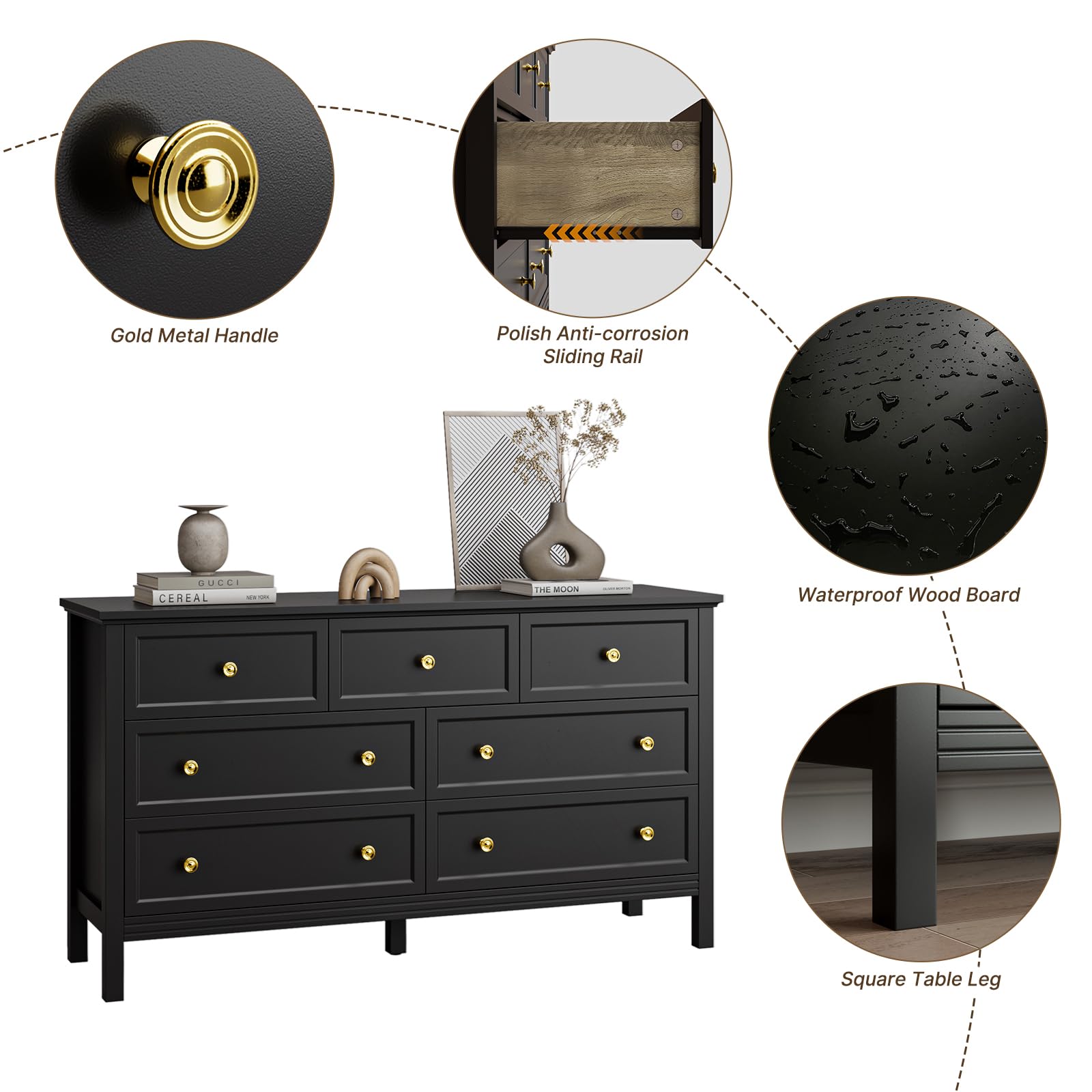 Amazon.com: Tradare Black Dresser for Bedroom with Gold Handle Modern 7  Drawer Dresser, Wood Chest of Drawer Closet Clothes Storage Organizer for  Living Room, Hallway, TV Stand, 55 Inch : Home & Kitchen