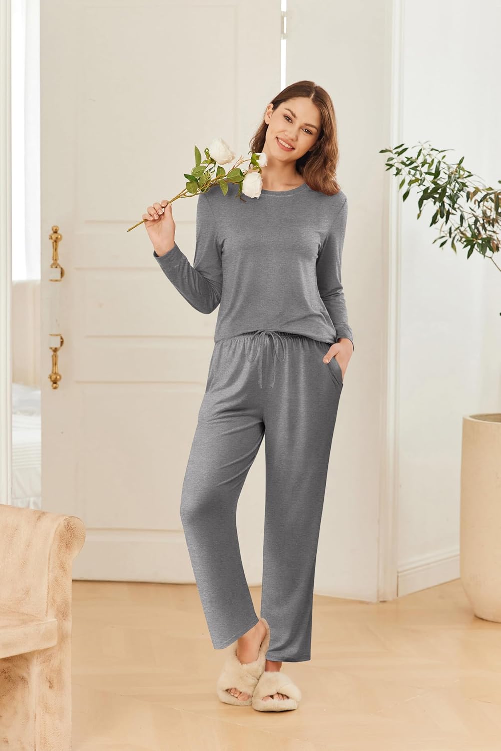 Ekouaer 2 Pack Women Pajama Long Sleeve Sleepwear Soft Loungewear Pjs Sets with Pockets S-XXL - Image 2