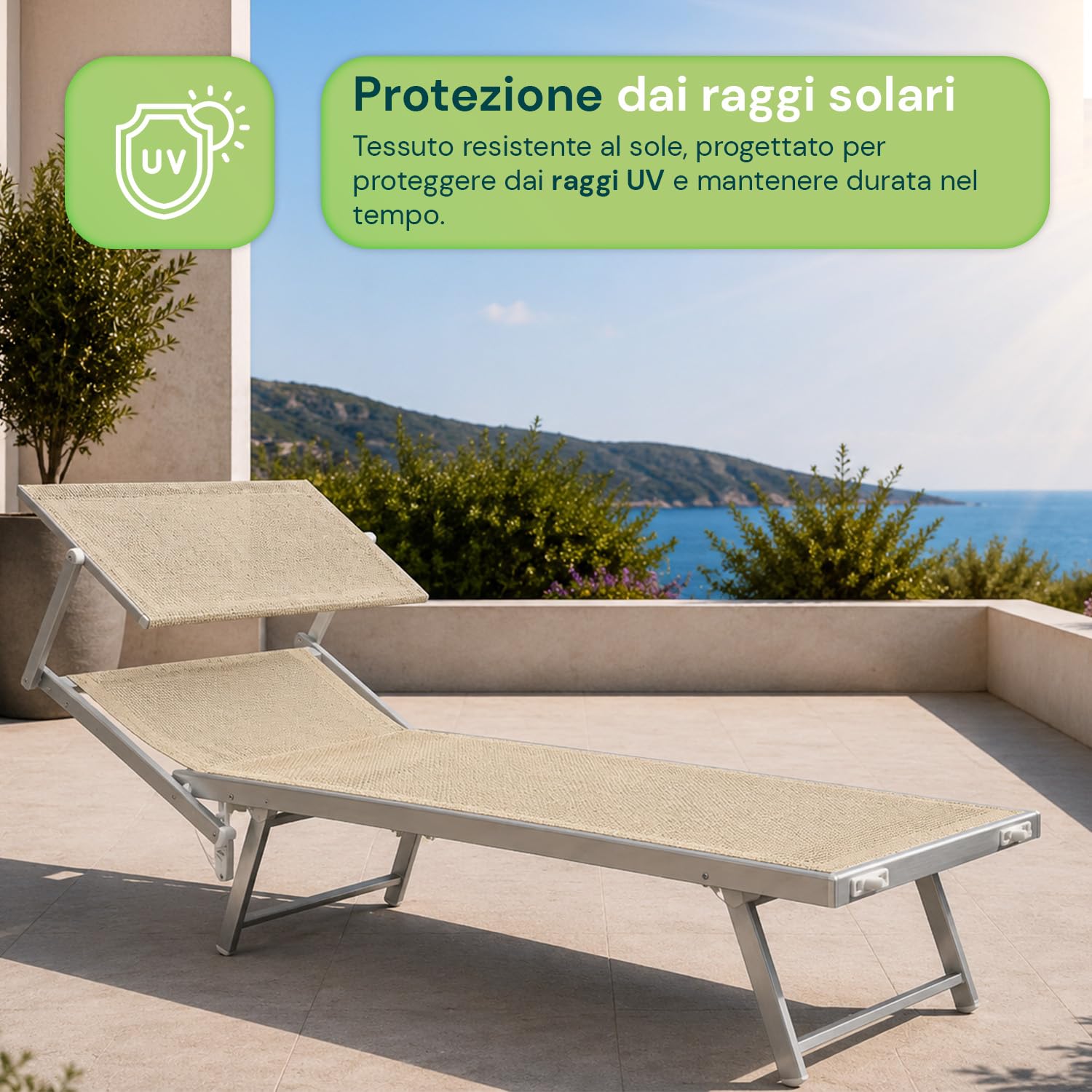 Avilia - Lettino Prendisole da Giardino con Parasole Girevole 360° – Alluminio, Texilene, 150 kg | Sdraio da Mare Pieghevole, Schienale 30-40°, L60×P186×A44/94 cm, Chiuso L60×A148 cm