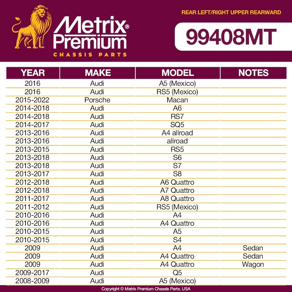 Metrix Premium Chassis Parts - Rear Left & Right Upper Rearward Control Arm Kit Fits 16 Audi A5 Mexico, 16 RS5 (Mexico), 15-22 Porsche Macan, 14-18 Audi A6, RS7, RK642746, RK642745, Made in Europe