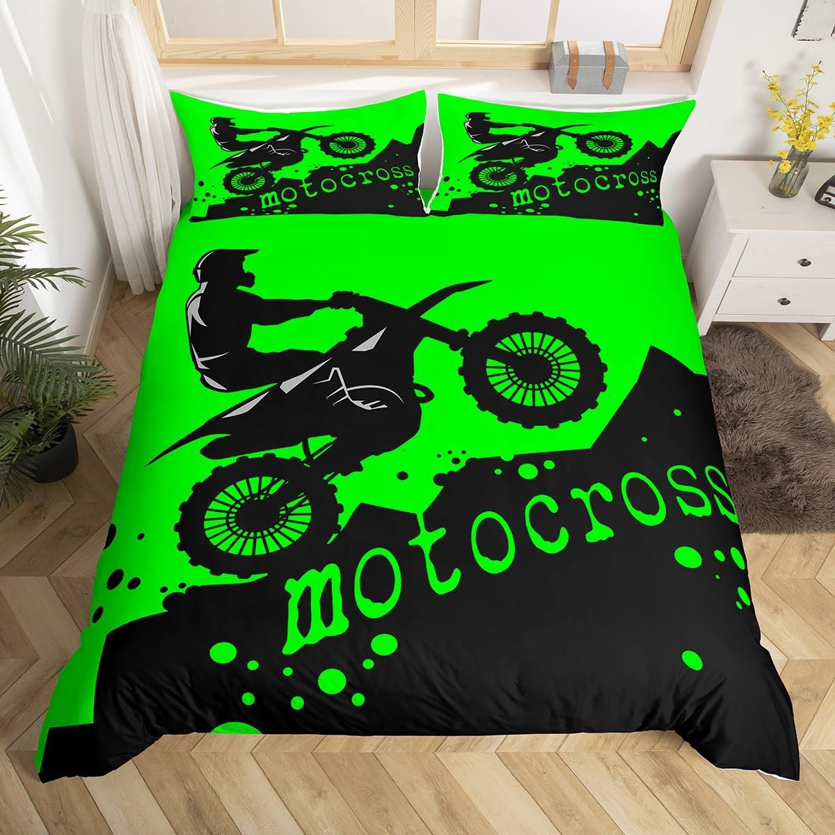 Feelyou Dirt Bike Bedding Set Queen Size Extreme Sports Comforter Cover Set for Boys Teens Racing Motocross Rider Duvet Cover Breathable Motorcycle Bedspread Cover Room Decor Green Black Qui