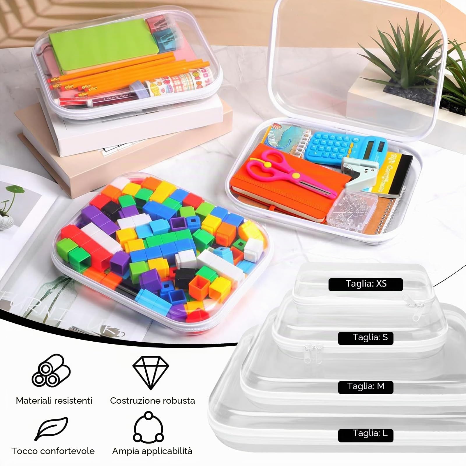 Borse Portaoggetti, 8 Pezzi Borsa Rigida con Doppie Cerniera Scatola Trasparente con Cerniera in 4 Misure Trousse Trucchi Donna in Plastica per Giocattoli Cosmetici Articoli da Toeletta