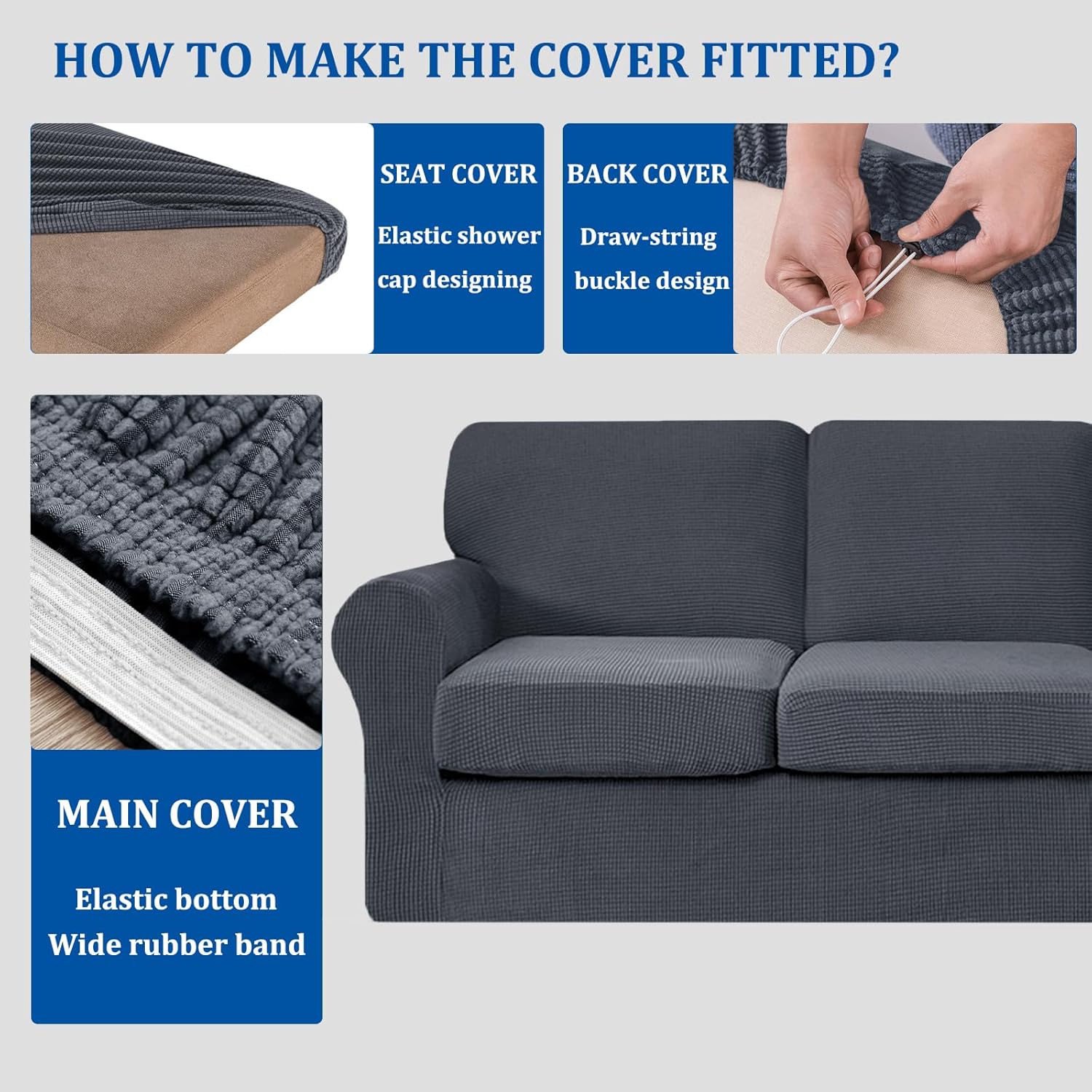 UNBBRRL Couch Cover Separate Pieces, Sofa Slipcovers for Separate Cushions Couch, Multi Pieces Couch Covers, Non-Slip Jacquard Sofa Cover Set with Strings (Dark Grey,Armchair 3 Pcs)
