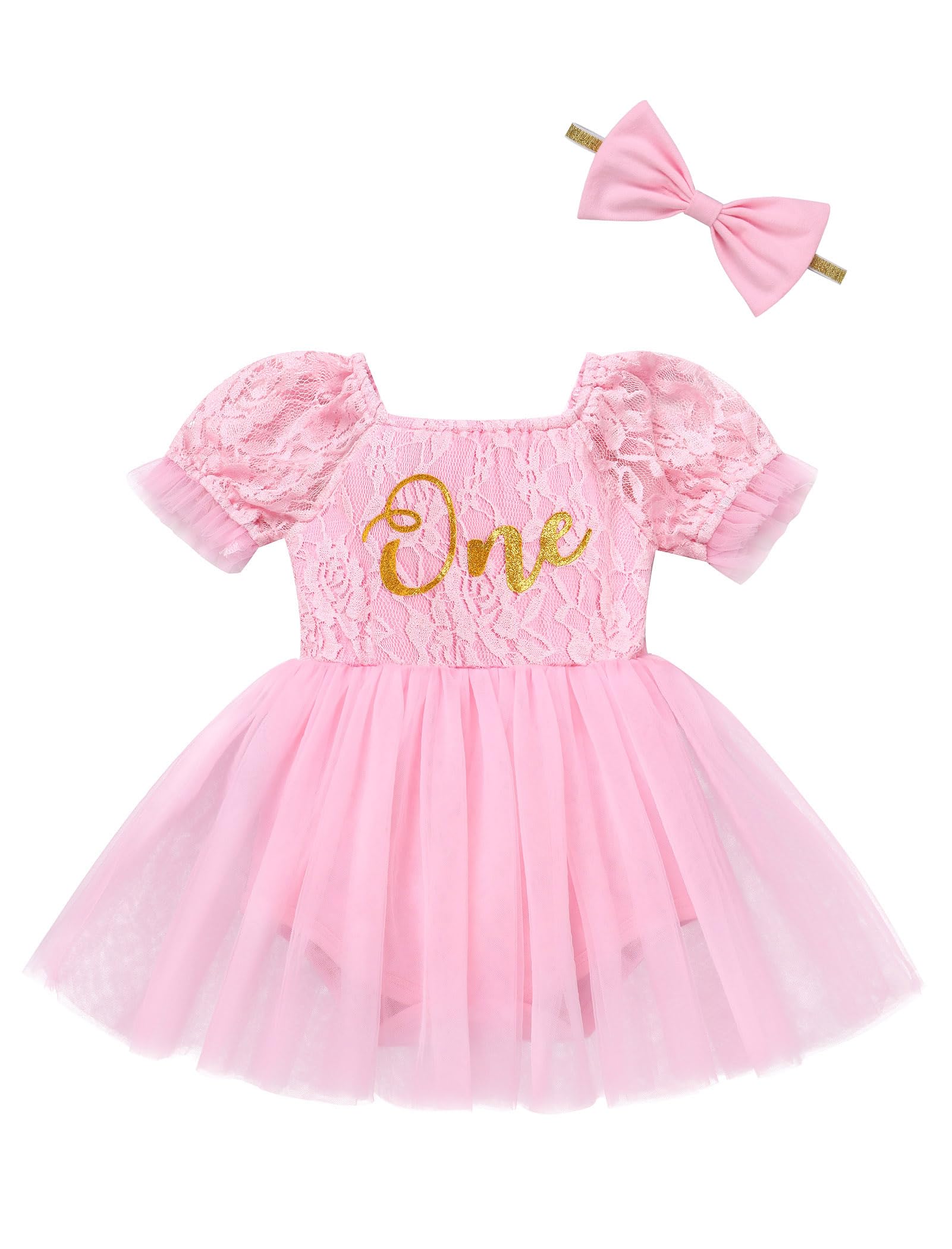 FYMNSI First Birthday Outfit Girl Baby Princess Boho 1st Birthday Dress Floral Lace Ruffle Romper Tulle Tutu Dress Headband One Cake Smash Party Supply Photo Shoot Toddler Summer Clothes Pink 12-18M