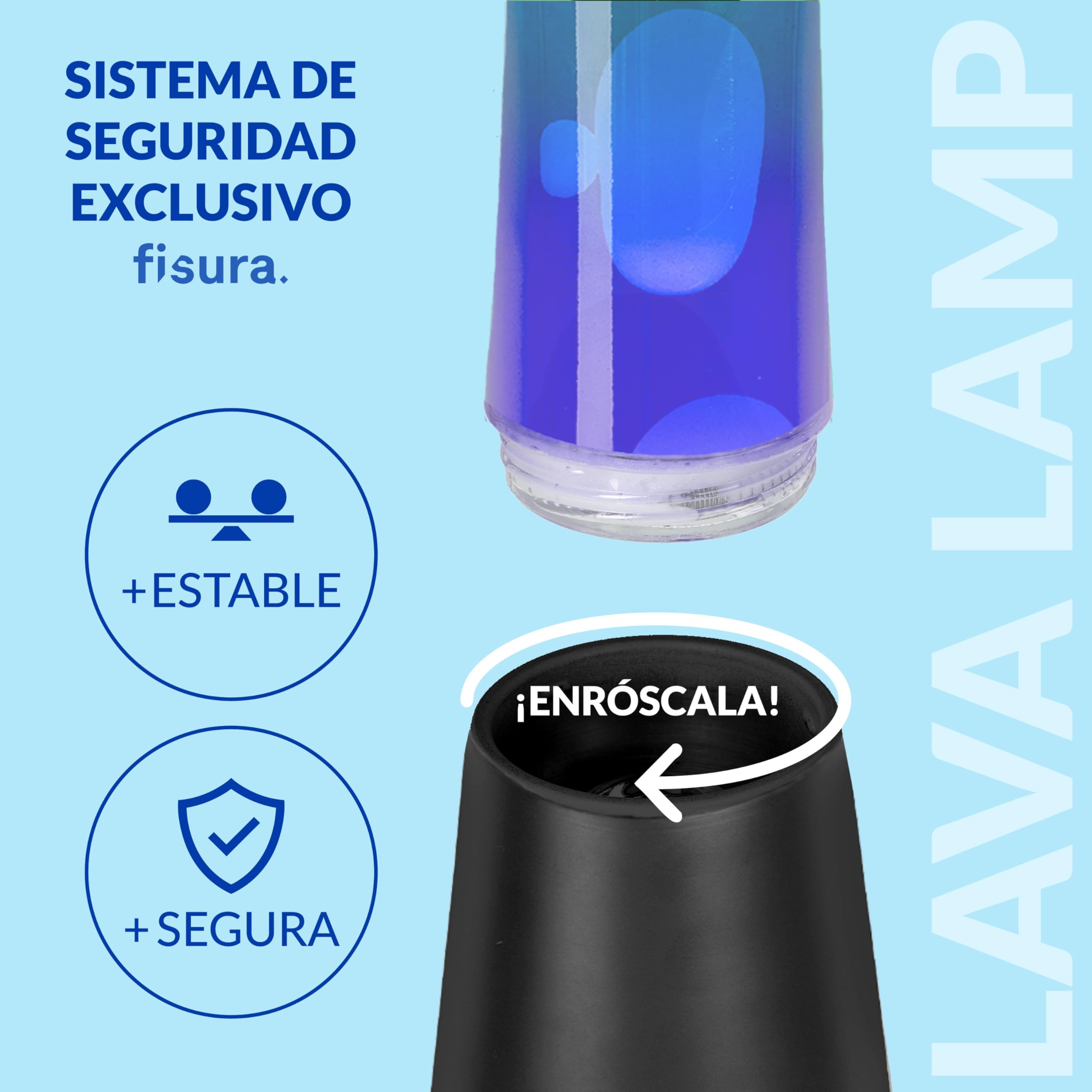 Fisura - Lámpara de lava blanca y azul años 70. Base color negro, líquido azul y lava blanca. Lámpara efecto relajante. Medidas: 11 cm x 11cm x 39,5 cm.