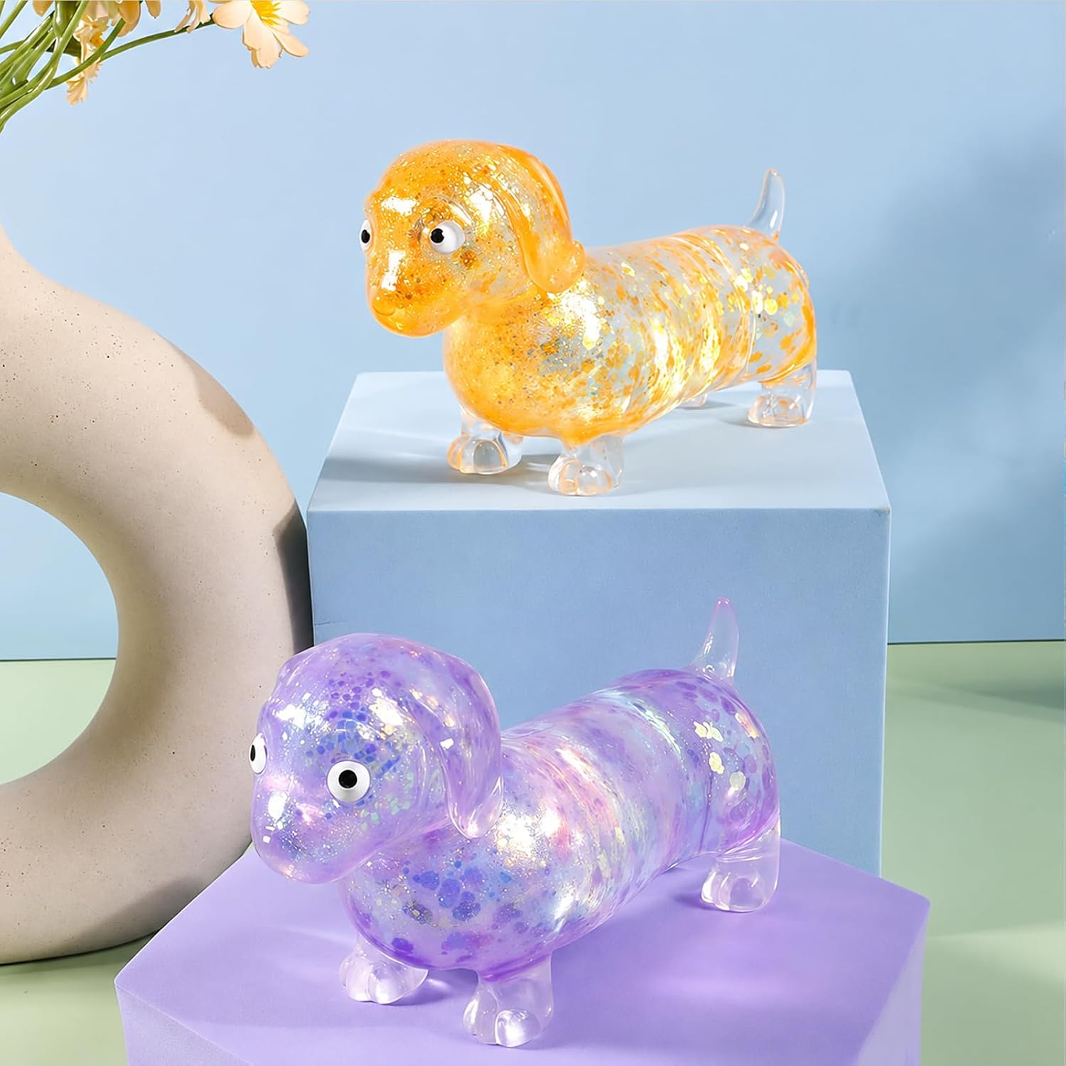 4PCS Dachshund Squishy, Glitter Weiner Dog Maltose Stress Ball, Slow Rise Fidget for Anxiety Relief, Soft Squeeze Desk Gadget for Home Office Travel