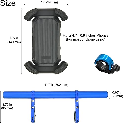 Miniatura 4 de Extensor de manillar de bicicleta con soporte para teléfono, barra de extensión de aluminio de 11.9 pulgadas, se adapta a barras de 18 a 1.339 in,