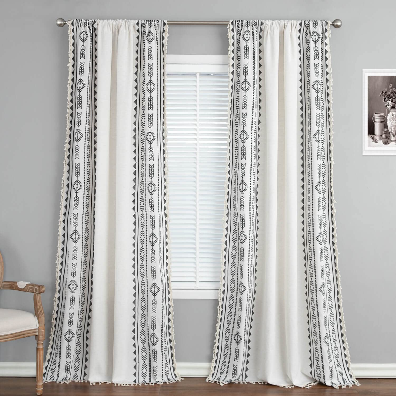 VOGOL Boho Curtains 84 Inches Long, 1 Panel Arrows Pattern Linen Textured Curtain for Bedroom, Elegant Light Filtering Drapes for Dining Room, 52 x 84