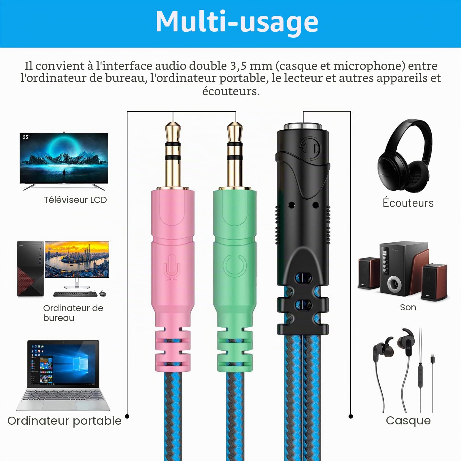 ENVEL Adaptateur Jack Micro Casque Audio Stéréo 3,5mm Splitter Femelle à 2 Double Mâle Câble Nylon tressé 22cm