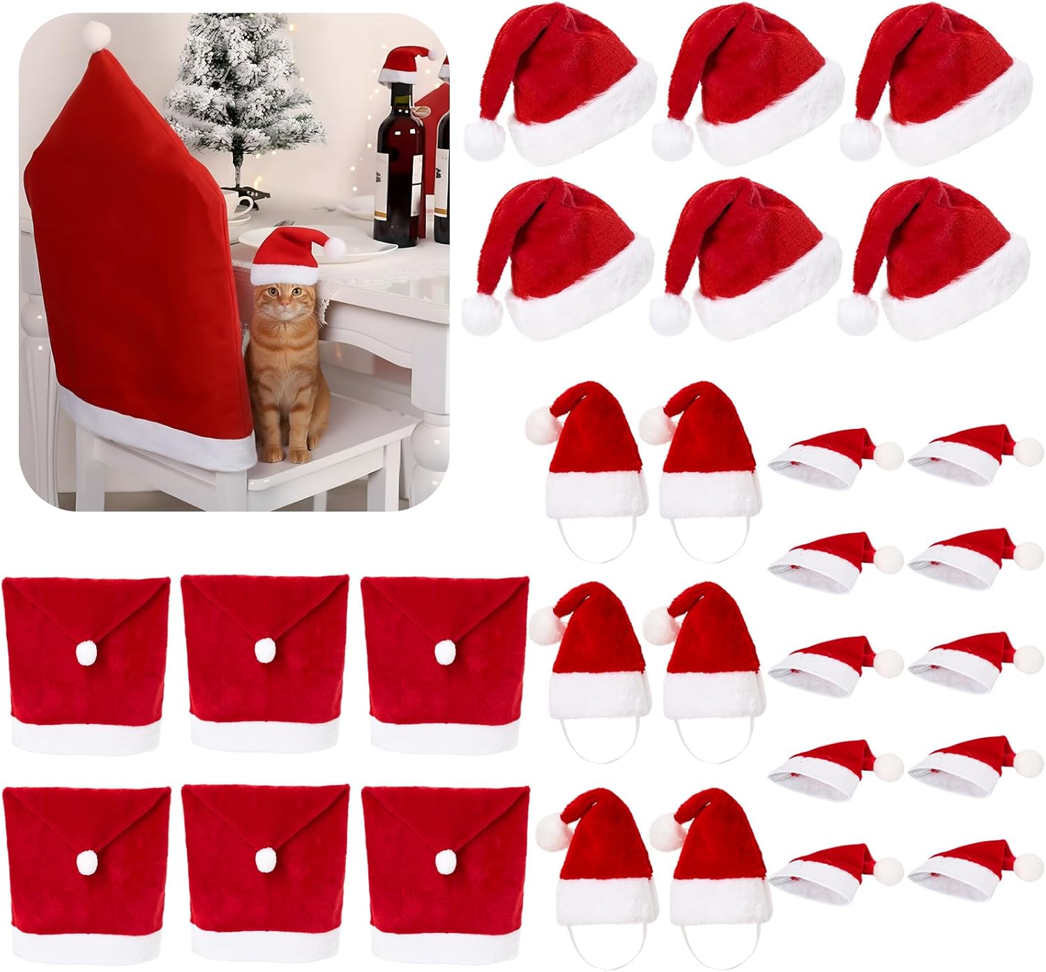 SATINIOR 28 Pcs Christmas Chair Covers and Santa Hats Silverware Holders Set Red Plush Santa Hats for Adult, Small Dog Cat, Wine Bottles Xmas Dinning Room Holiday Party Decoration