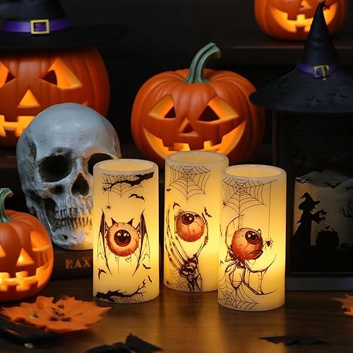 Miniatura 95 de Eldnacele - Velas LED parpadeantes sin llama de Halloween con temporizador de 6 horas, velas de cera que funcionan con pilas, con calcomanías