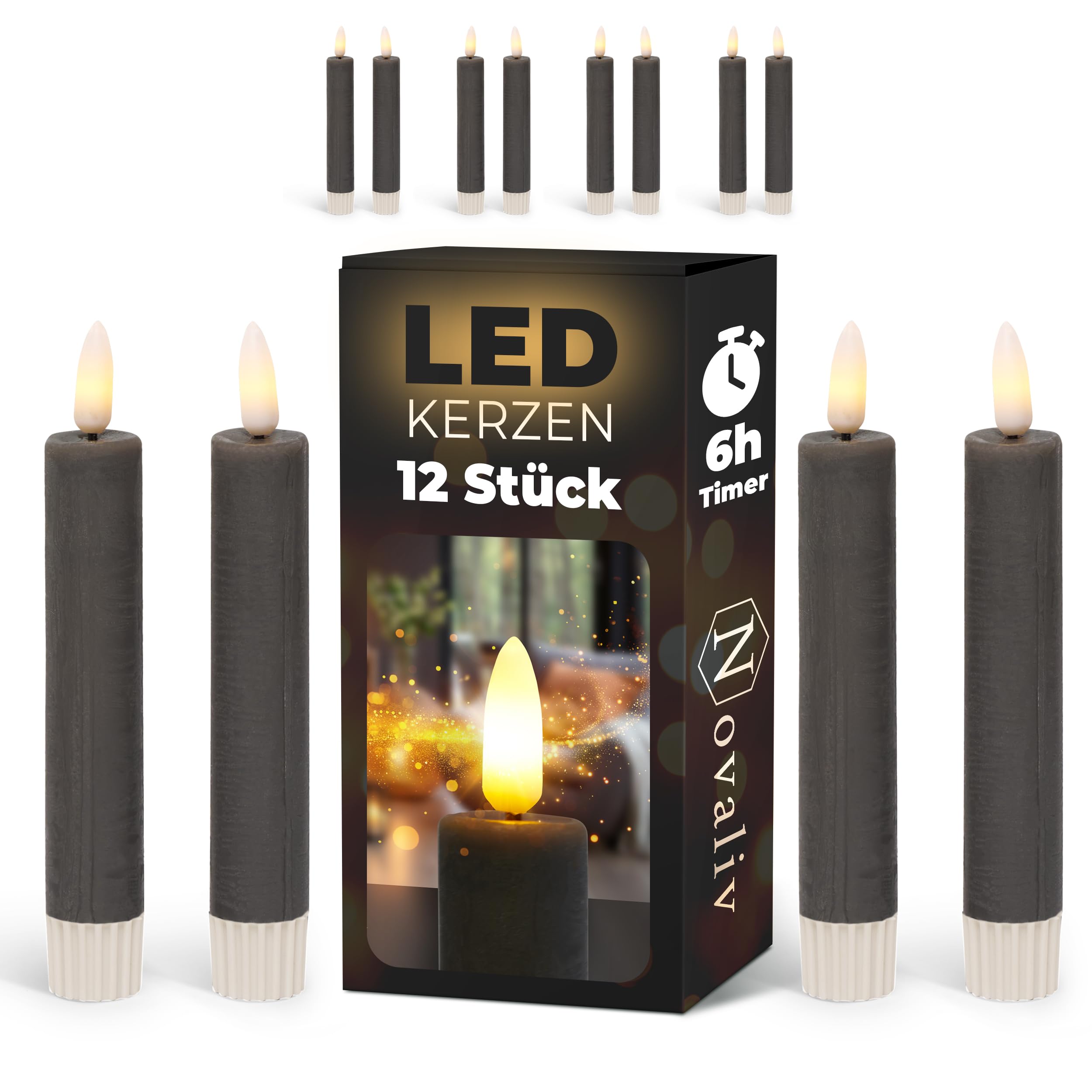 Lot de 12 bougies LED avec minuterie - Gris - Pour l'intérieur - 6 heures - En cire véritable - Hauteur : 15 cm - Diamètre : 2,2 cm - 2 piles AAA nécessaires - Lot de 4 bougies LED (trois fois) -