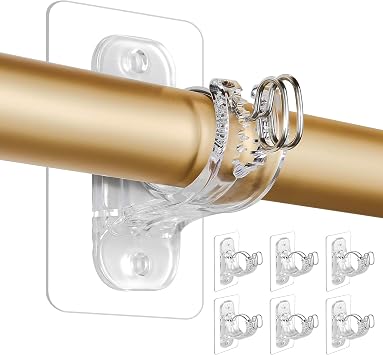 No Nail Curtain Rod Holders, 6 Pack Heavy Duty Curtain Rod Brackets for Wall, Peel and Stick Curtain Hooks Adjustable Max 1.7" Dia Draper Pole for Window, Hold Up to 20Lbs