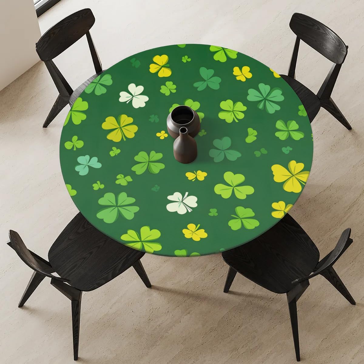 Round Tablecloth St. Patrick's Day Cute Lucky Shamrock 40"-44" Fitted Elastic Table Cloth for Round Tables Waterproof Wipeable Table Covers Protector for Kitchen Dining Party,JR12-09