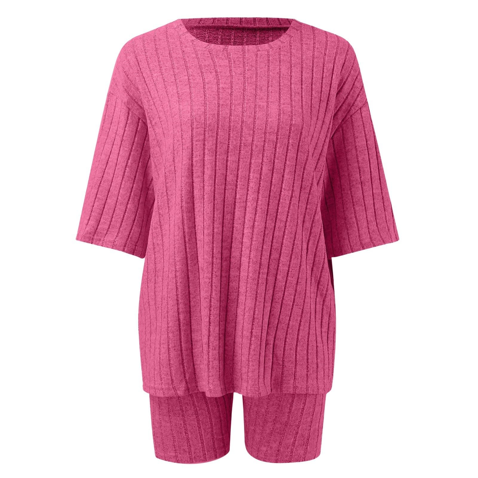 Modisches lässiges einfarbiges Shorts-Set mit Rundhalsausschnitt lockerer Passform für Damen