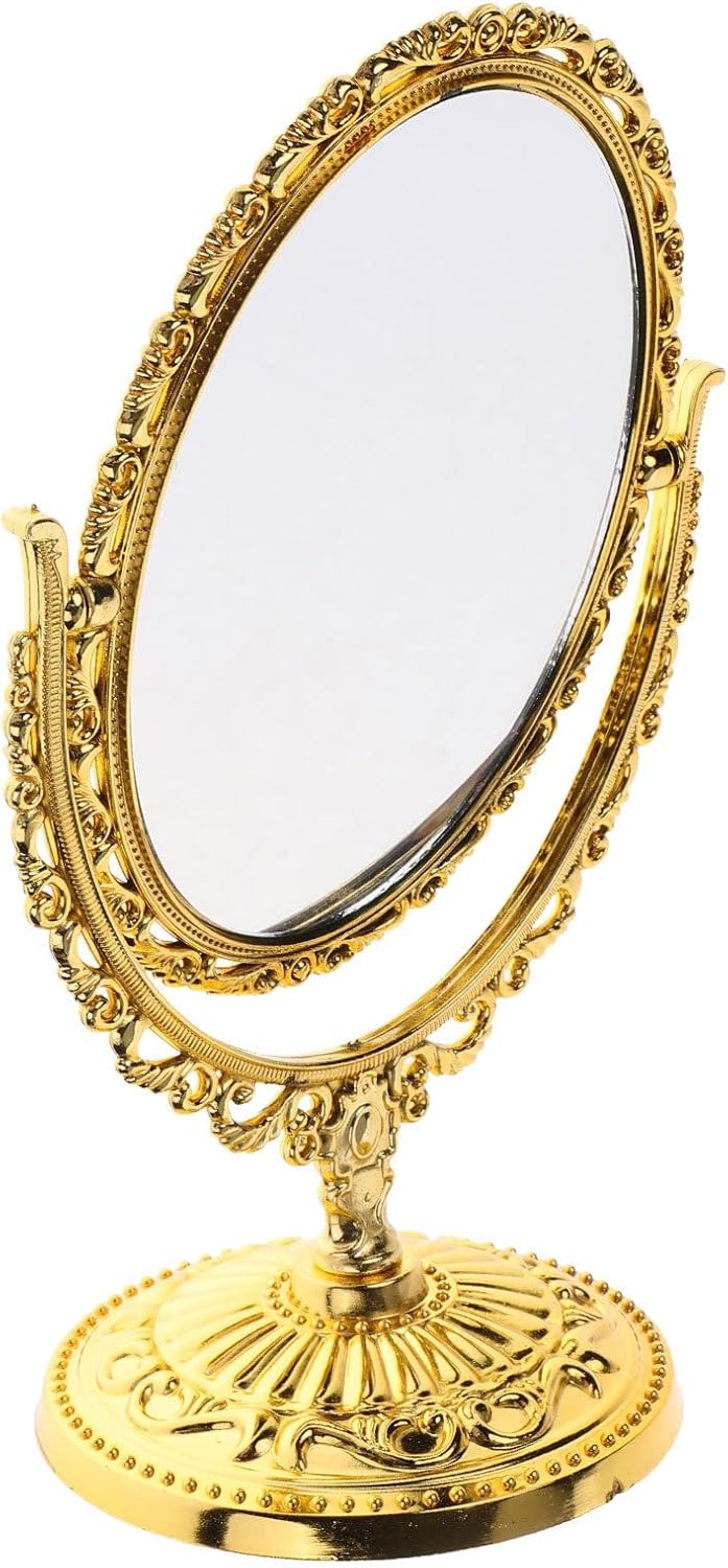 Vintage Double-Sided Swivel Makeup Mirror Oval Tabletop Vanity Mirror with Gold Frame Small Size Decorative Bedroom Office for Women