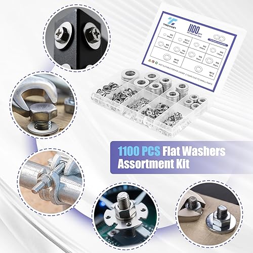 Miniatura 3 de Kit surtido de 1100 arandelas planas, juego de arandelas métricas de acero inoxidable 304 M2 a M12 (9 tamaños), arandelas de hardware duraderas para