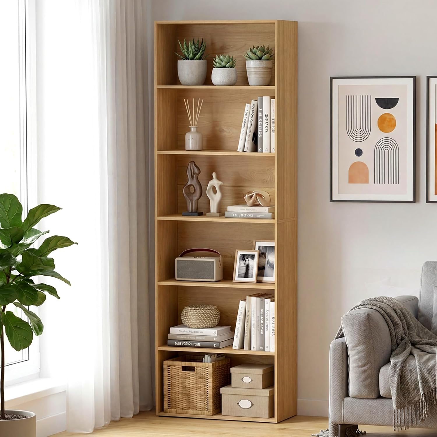 Tangkula 6-Tier Bookcase, 70” Tall Freestanding Bookshelf with 6 Open Shelves, Anti-Toppling Kits, Floor Display Storage Organizer for Living Room, Study, Kitchen, Home & Office (Natural, 70" H)