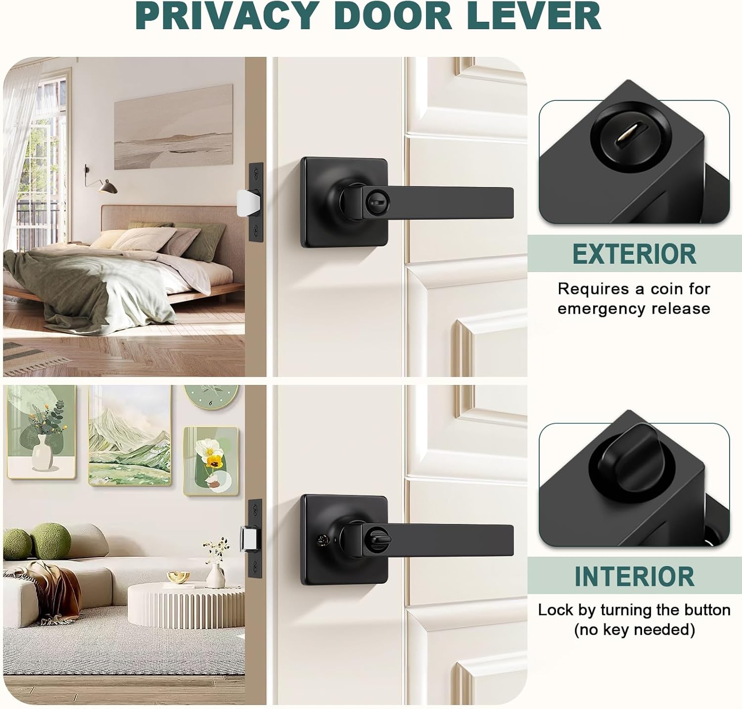 GOBEKOR 5 Pack Black Door Handles Interior Door Handle with Lock Privacy Door Levers for Bedroom Bathroom Interior Door Knobs Square Lever Door Handles Reversible Door Locks Keyless