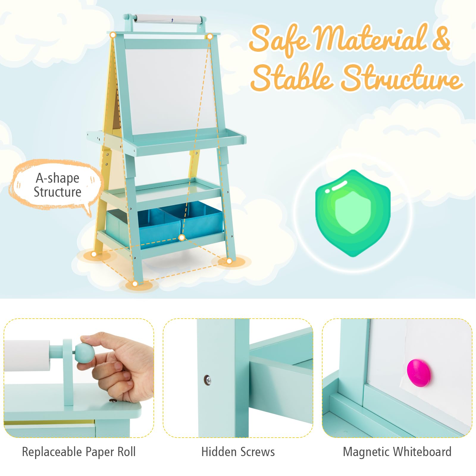 Kids Easel Double Sided Painting Chalkboard And Magnetic Board With Paper Roller For Children