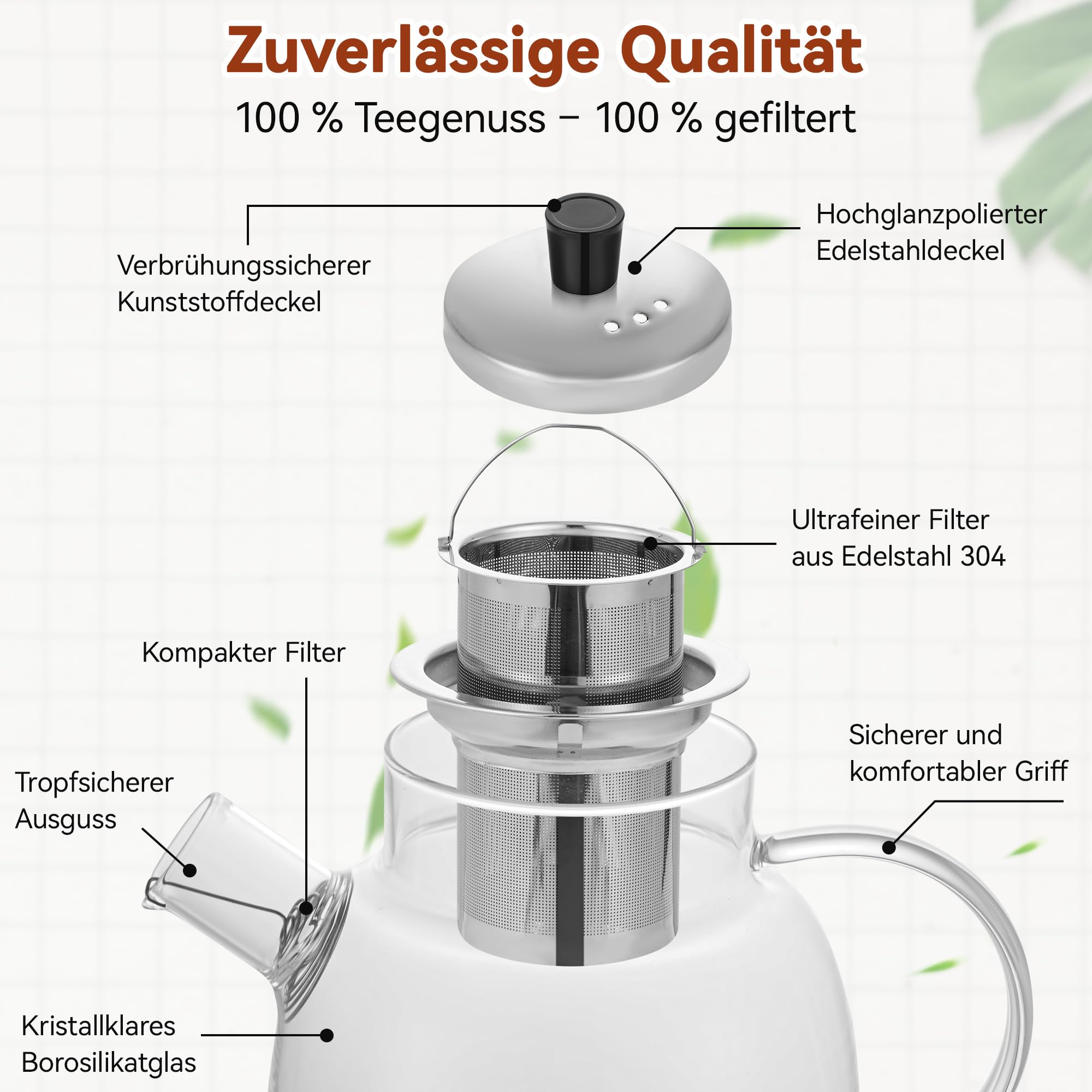1500ml Teekanne mit Siebeinsatz, Teekanne Glas Aus Hitzebeständigem Borosilikatglas, Wasserkaraffe Geeignet Zum Aufbrühen Von Tee, Blumentee, Früchtetee, Kräutertee Und Teebeuteln, Einfache Reinigung