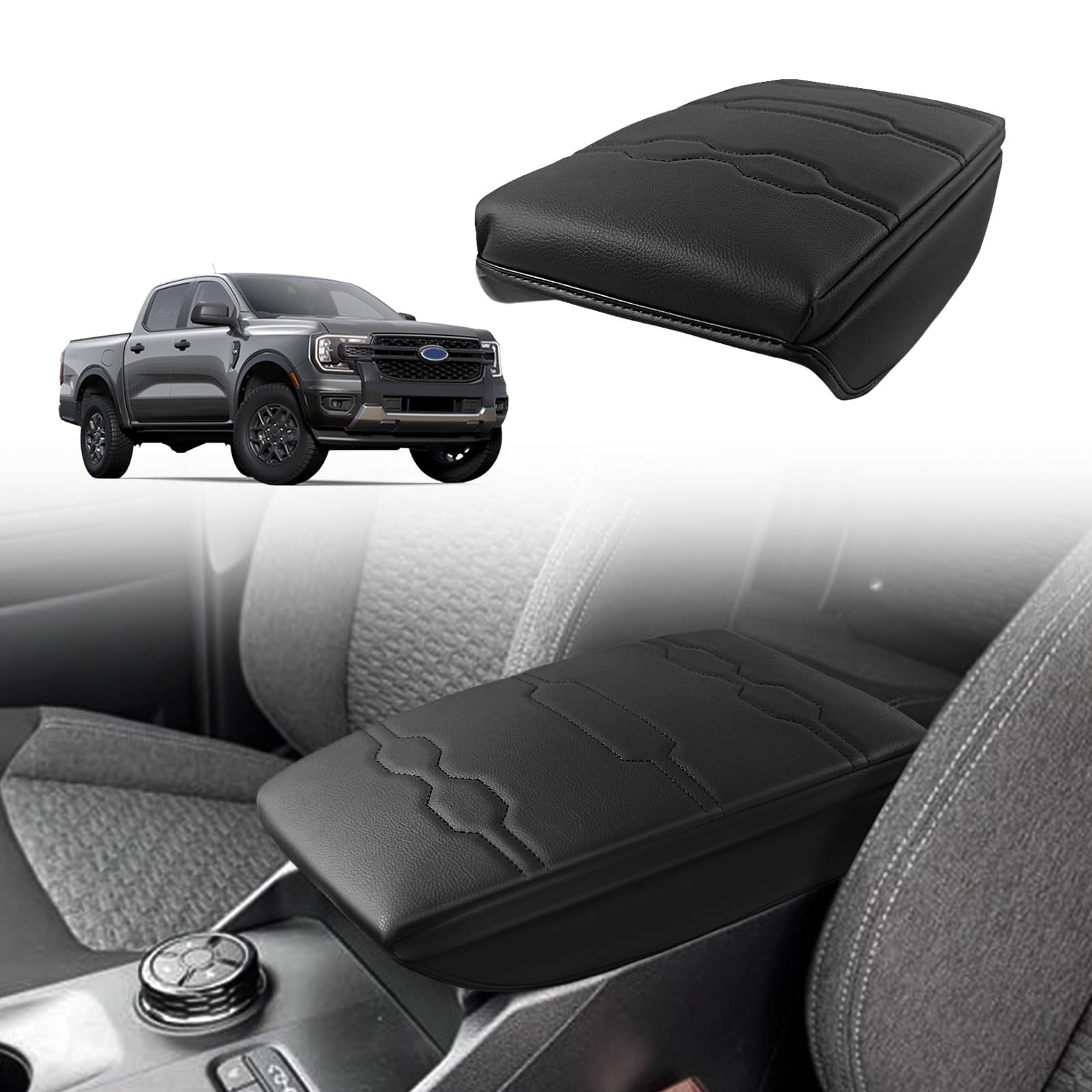 Muslogy Housse D'Accoudoir Console Centrale 2,5 Cm Extra Épaisse - Compatible Ford Ranger 2024 2025 XL XLT Lariat Raptor, Coussin Cuir Végétalien Confortable