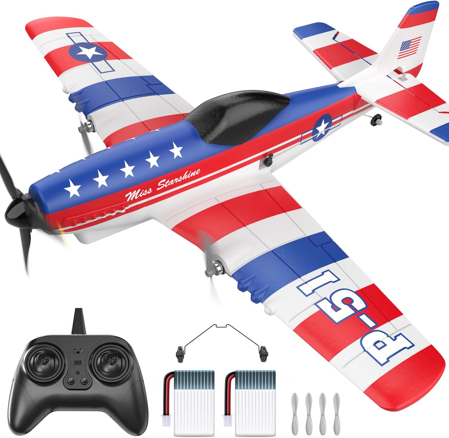 RC Plane 3 Channel P51D Mustang Remote Control Airplane Fighter Toys,2.4GHz 6-axis Gyro Stabilizer RTF Glider Aircraft Plane with 2 Batteries,Easy to Fly for Adults Kids Beginners Boys