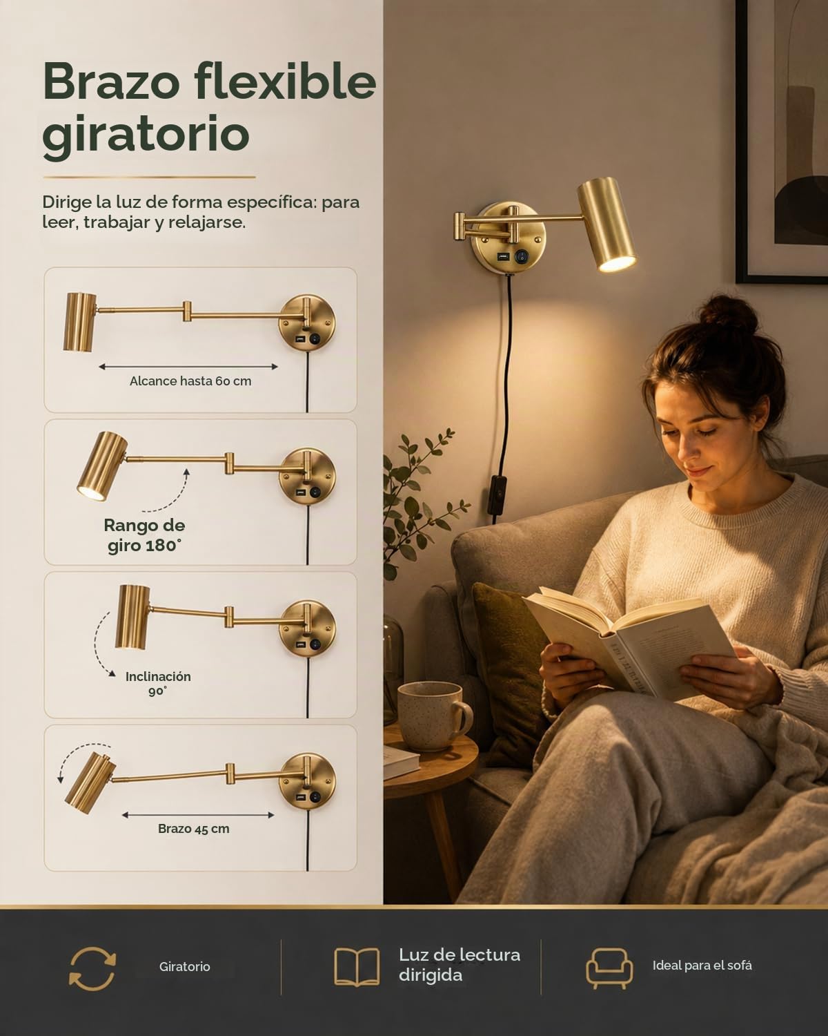 Aplique de Pared Dorado E27 con Enchufe, USB y Lectura