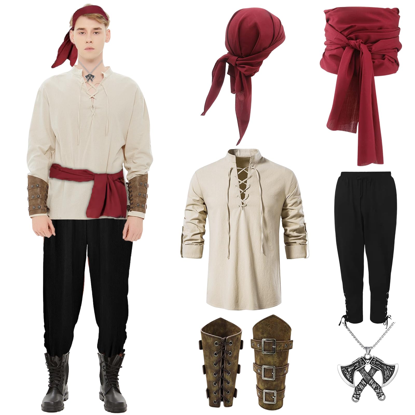 FOGARI Conjunto de ropa de pirata medieval para hombre: camisa renacentista, pantalones vikingos, collar hacha, pulseras, pañuelo y cinturón para Halloween