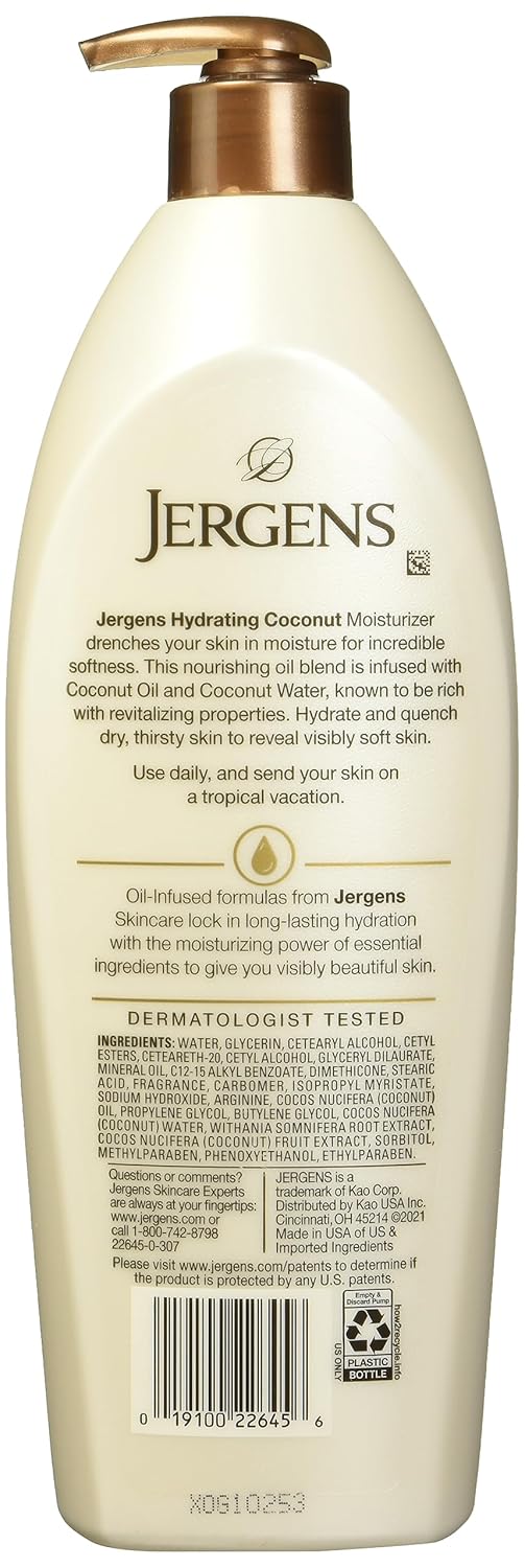 Jergens Hydrating Coconut Body Moisturizer, Infused with Coconut Oil, Dermatologist Tested, Hand and Body Lotion for Dry Skin, 26.5 Oz (Pack of 2)