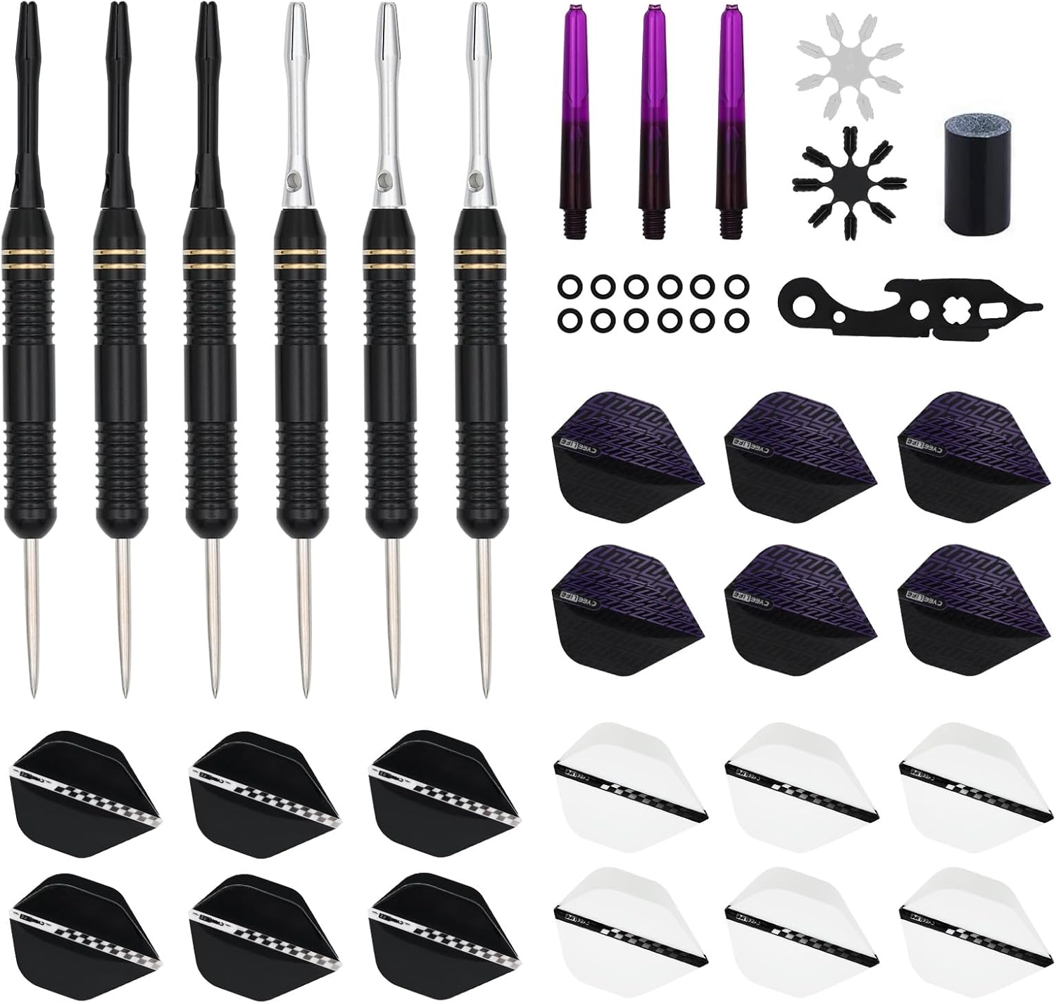 Professional Steel Tip Darts Set, 23g Brass Barrel with Aluminum Shafts, Black, 6-Pack with Extra Flights and Accessories Kit