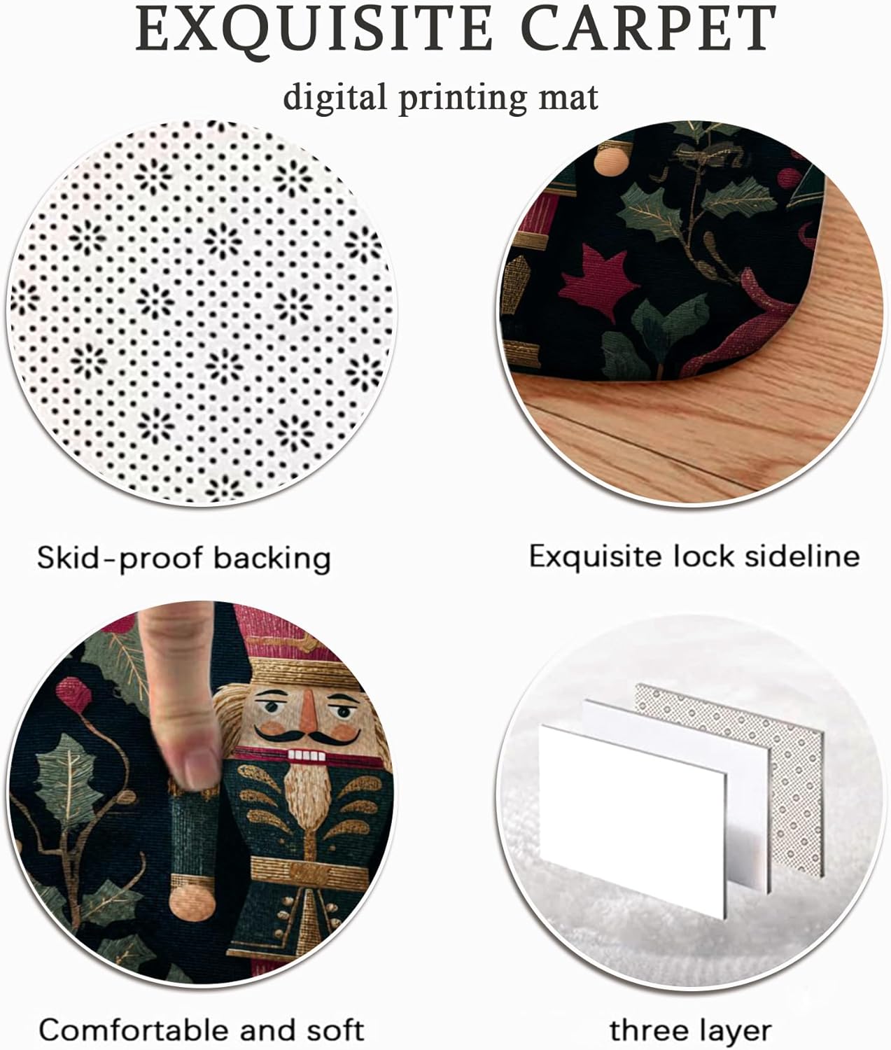 Nutcracker Area Rug, Christmas Festive Holly Bells Christmas Dark Green Low Pile Sponge Aesthetic Doormat Rectangle Accents Rug Laundry Room Bathroom Doorway Entryway Decor 3' X 5'