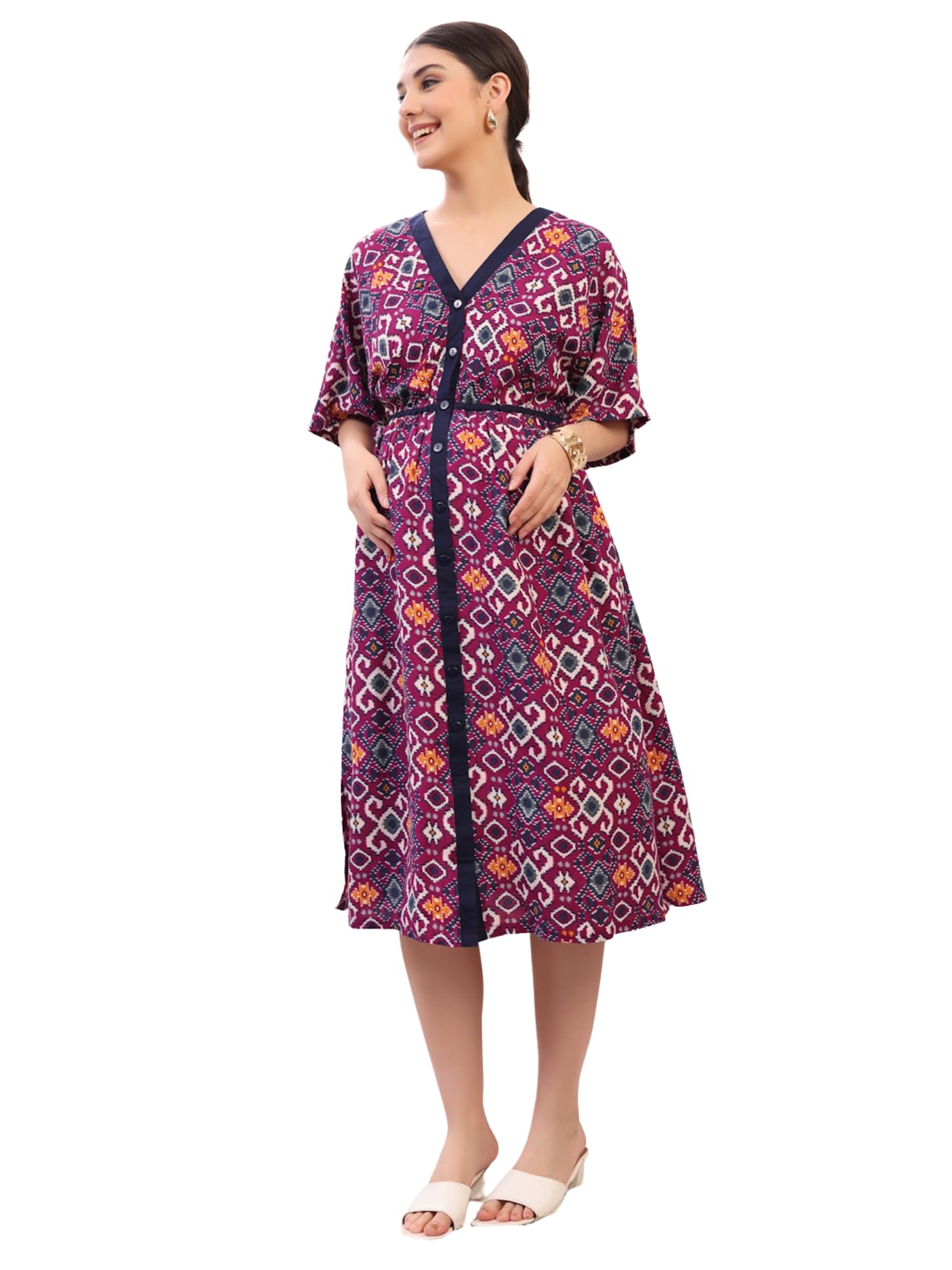 Graphic Print Cotton Shirt Dress | Nursing & Maternity Friendly with Kimono Sleeves | A-Line Casual Dress for Women-image-47