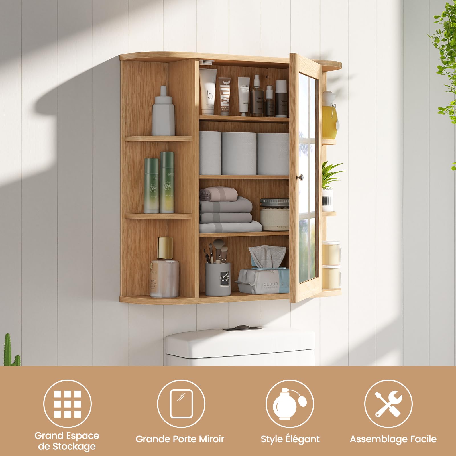 COSTWAY Armoire Murale de Salle de Bains avec Miroir avec Etagères Réglables et Compartiments Ouverts Armoire à Pharmacie pour Toilette (Naturel) (Naturel)