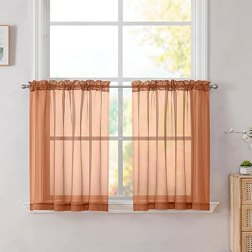 Simplebrand Cortinas naranjas para cocina de 24 pulgadas de largo, juego de 2 paneles con bolsillo para barra, cortinas cortas transparentes para
