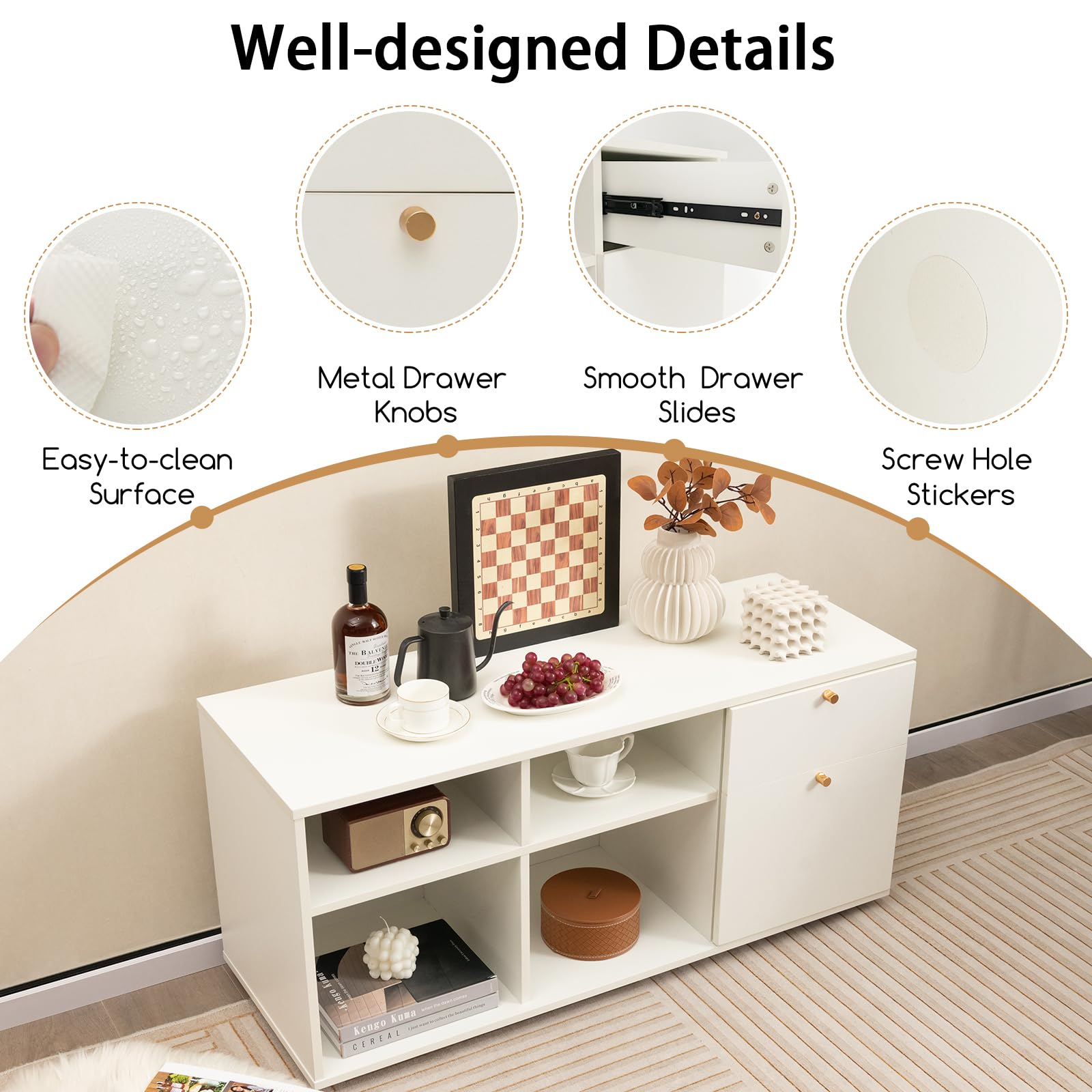 KOMFOTTEU - Armadietto con 4 cubi semi-aperti e 2 cassetti, armadio multifunzionale con piedini regolabili, mobile laterale in legno, 108 x 39 x 50 cm, Bianco