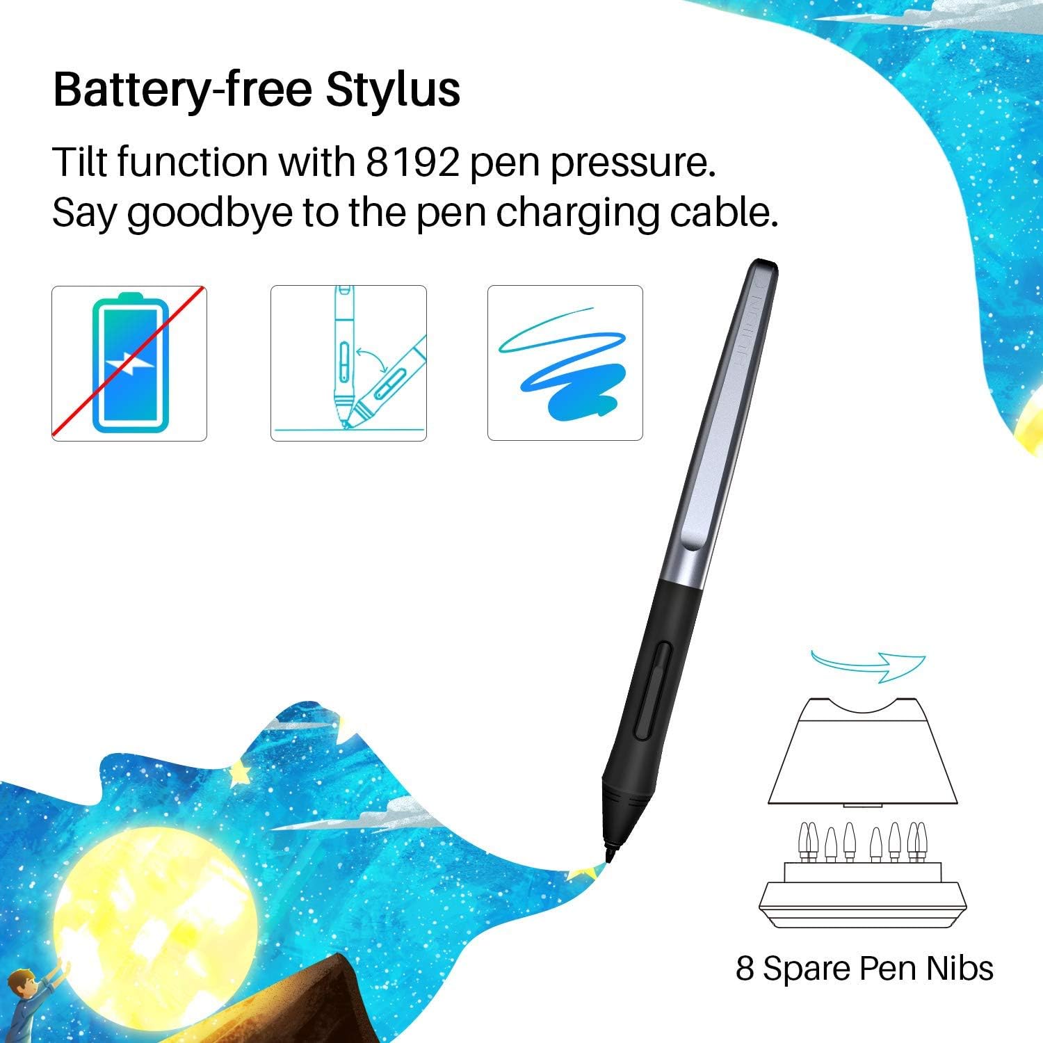 HUION Tableta gráfica HS610 lápiz digital sin batería con función de inclinación, macOS Android Windows