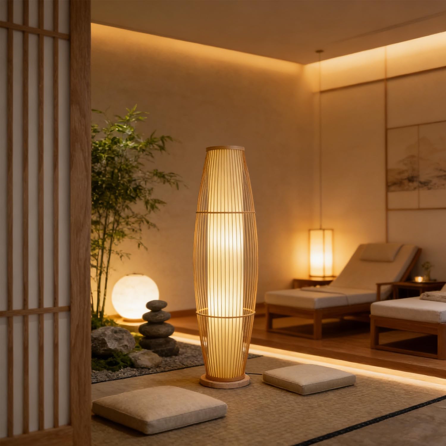 MIXL-Japanese Style Bamboo Floor Lamp,Fabric Shade Boho Floor Lamps,Wicker Nursery Standing Light,Modern Farmhouse Standing Lamp for Living Room Bedroom
