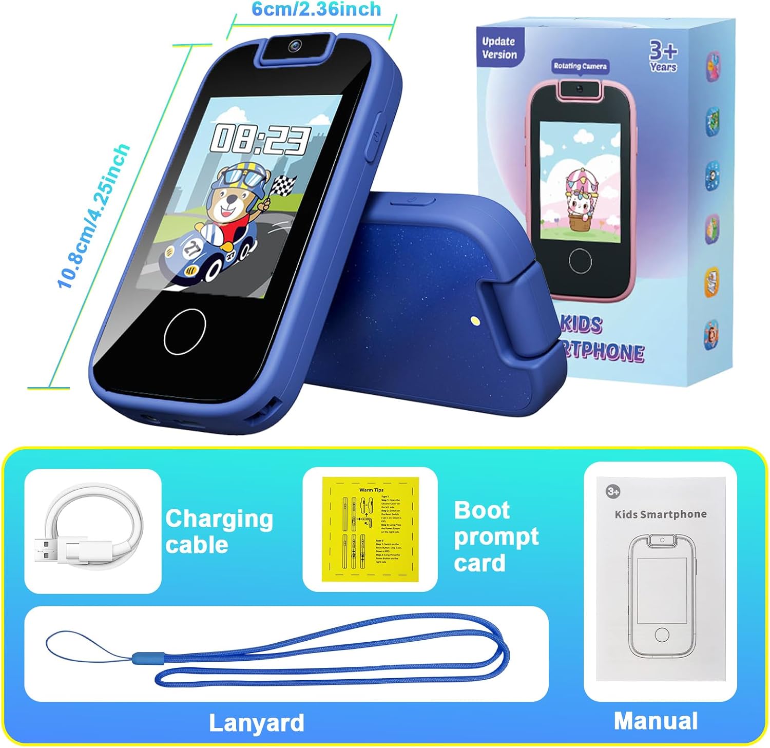 PTHTECHUS Kids Phone Toys for Girls Boys - Toddler Touchscreen MP3 Music Player with Dual Camera, Habit Tracker, Games, Alphabet, Educational Learning Toys Birthday Easter Gifts for 3-7 with SD Card