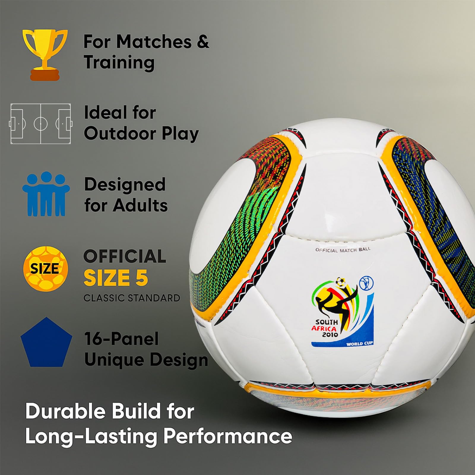 World Cup 2010 South Africa Final Match Replica Soccer Ball, Hand Stitched Official Size 5 Rexine Material Football, Vintage Collectible Gift for Fans, Training & Display, White Color - 5
