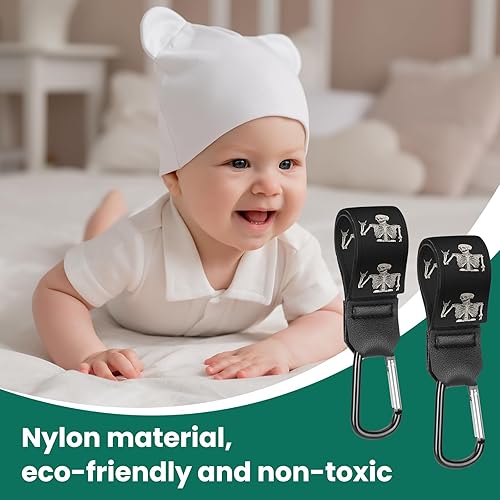 Miniatura 4 de Correas para cochecito, bolsas de pañales con ganchos para mamá, carrito de compras universal, billetera, mochila - 2 paquetes (calavera)