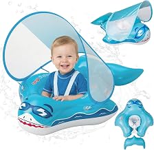 Baby Float with Parasol UPF 50+ Ninonly Float with Baby Protection Shark Design with Bell, Inflatable Swimming Pool for Babies, Ergonomic Seat Anti-Tipping Safe for Pool and Beach 12-36 Months