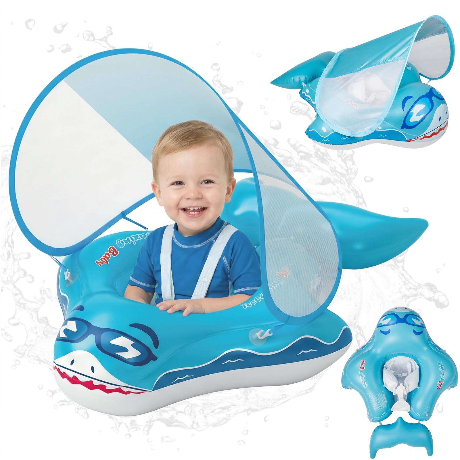Flotador Bebe con Sombrilla UPF 50+ Ninonly Flotador con Proteccion Bebe Diseño Tiburón con Campana, Inflable Piscina para Bebe Asiento Ergonómico Anti-Vuelco Seguro para Piscina y Playa 12-36 Meses