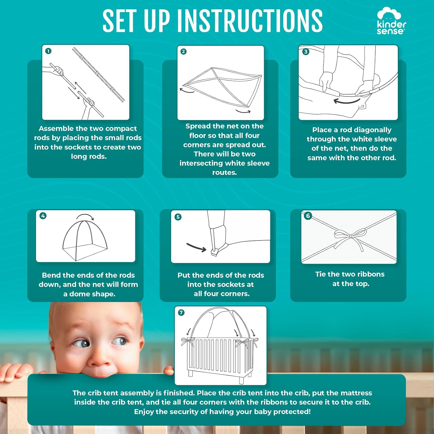 KinderSense® Pack N Play Tent | Baby Safety Crib Net for Playpens & Mini Cribs to Keep Baby from Climbing Out | Breathable Mesh - Mosquito Net Canopy Upgraded Design