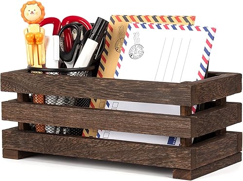 AKKO Organizador de correo rústico, soporte de madera para clasificador de cartas y correo para encimera, caja de almacenamiento de encimera de