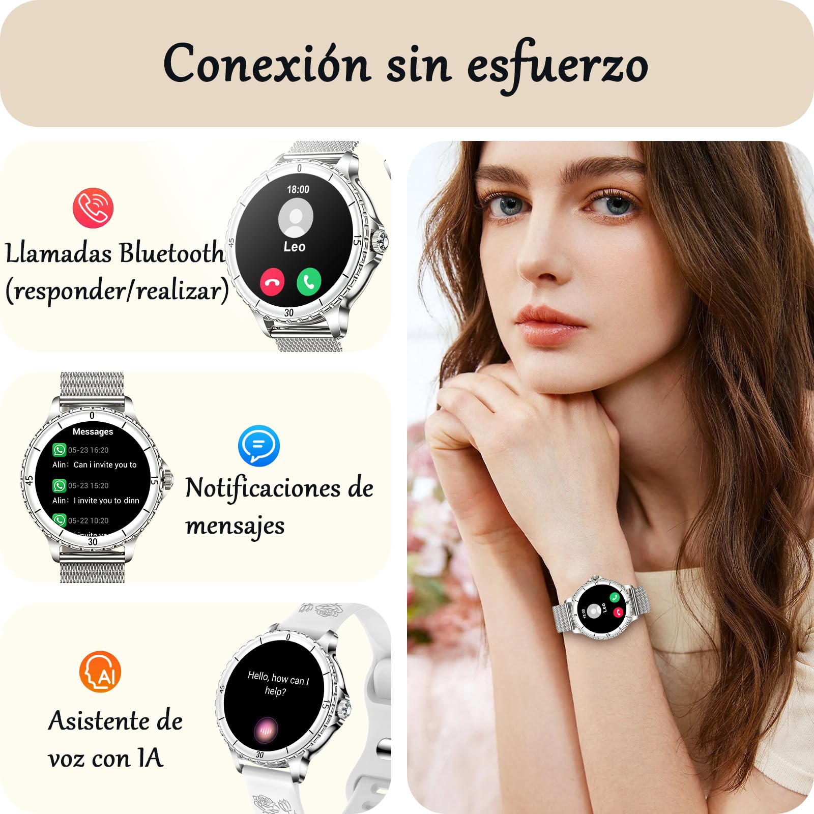 Reloj Inteligente Mujer con Llamadas, 1.27” HD Smartwatch Redondo | 120+ Modos Deportivos, Pulsómetro, SpO2, Monitor de Sueño, Rastreador de Actividad, IP68, Android iOS, 2 Correas, Plata