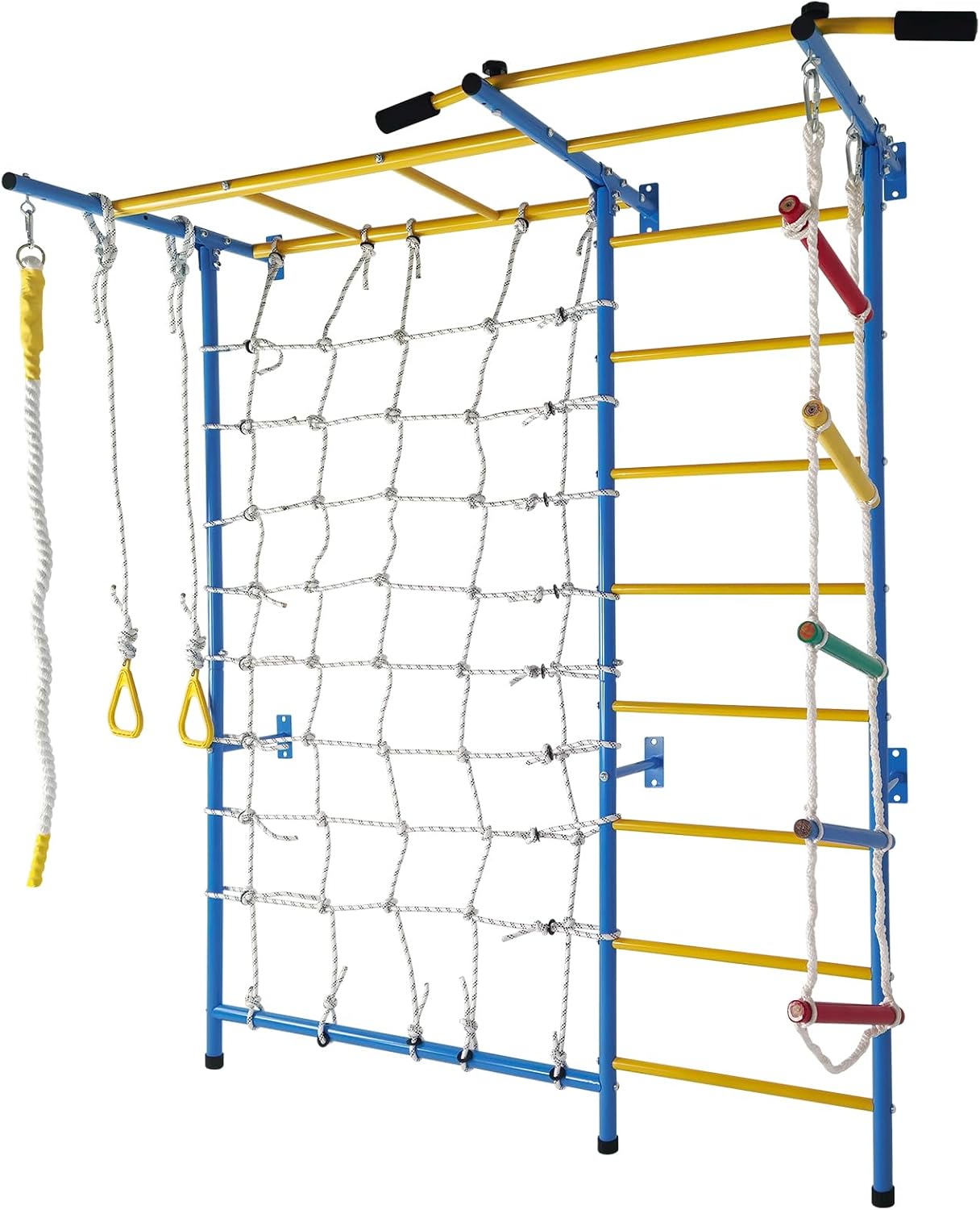 Indoor Steel Jungle Gym for Toddlers, Climbing Playset with Wall Ladder, Pull-up Bar, Rope Ladder and Gymnastic Rings (7 in 1)