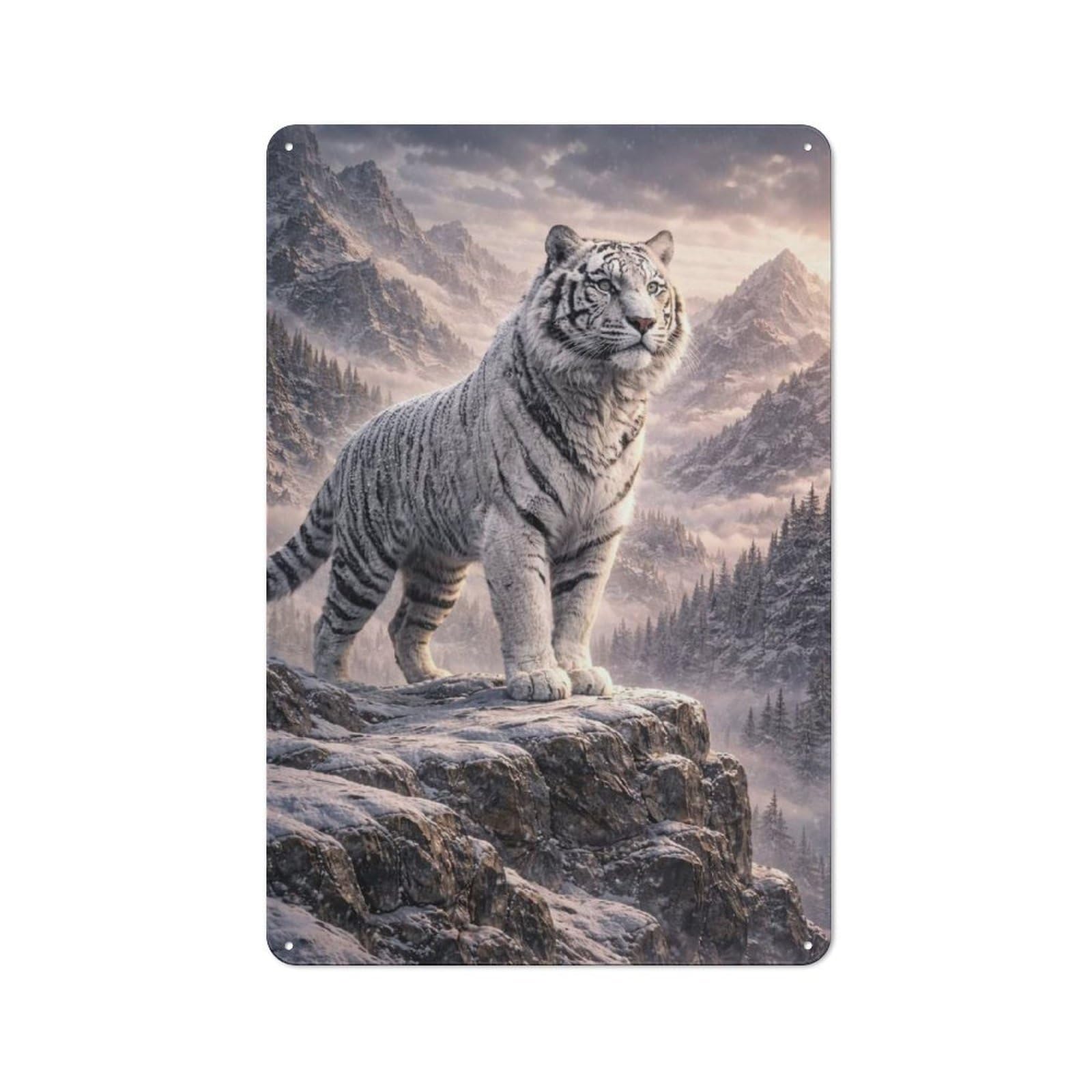 Majestic White Tiger in Mountain Landscape Rustic Tin Sign 30x20cm for Café Or Restaurant, for Café Owners And Decorators, for Retro Home Interiors
