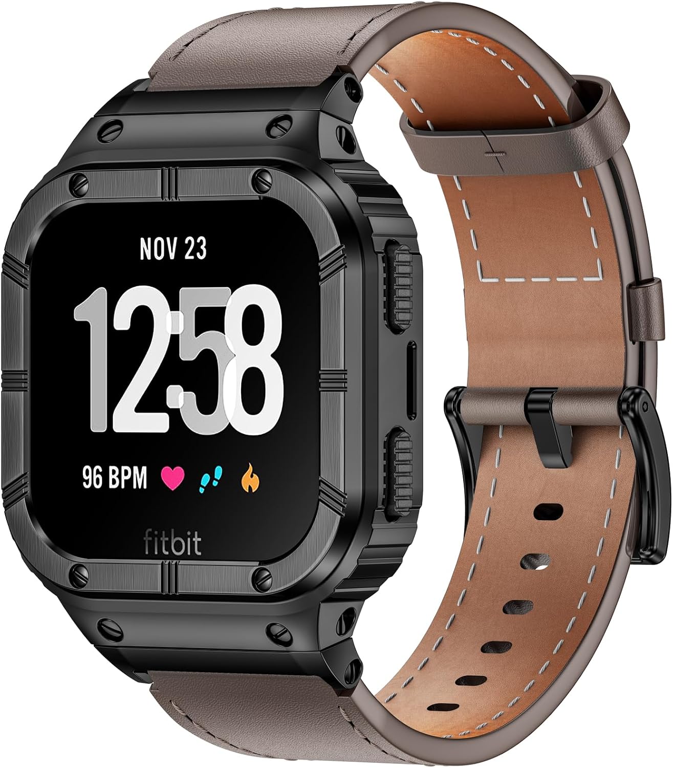 Leather Bands with Stainless Steel Case Compatible with Fitbit Versa 1 2 3 4 Lite Sense 2 1 Protective case for men