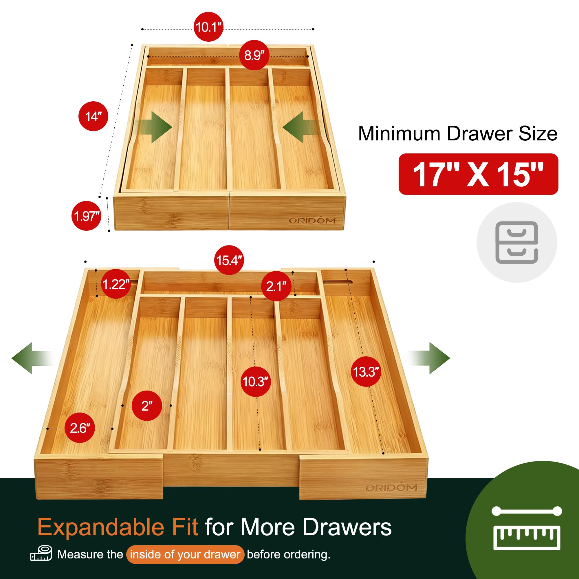 Organizador de cajones de cocina de bambú, bandeja expandible para cajón/soporte de utensilios y bandeja de cubiertos con separadores ranurados para cubiertos y utensilios de cocina (natural)